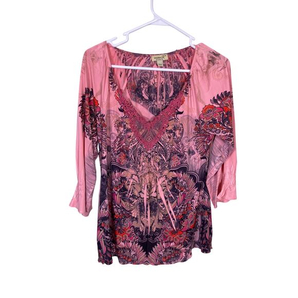 Oneworld Tops - VTG Y2K Heart Print Tunic Shirt Women’s Medium | Coquette Flowy Crochet Top